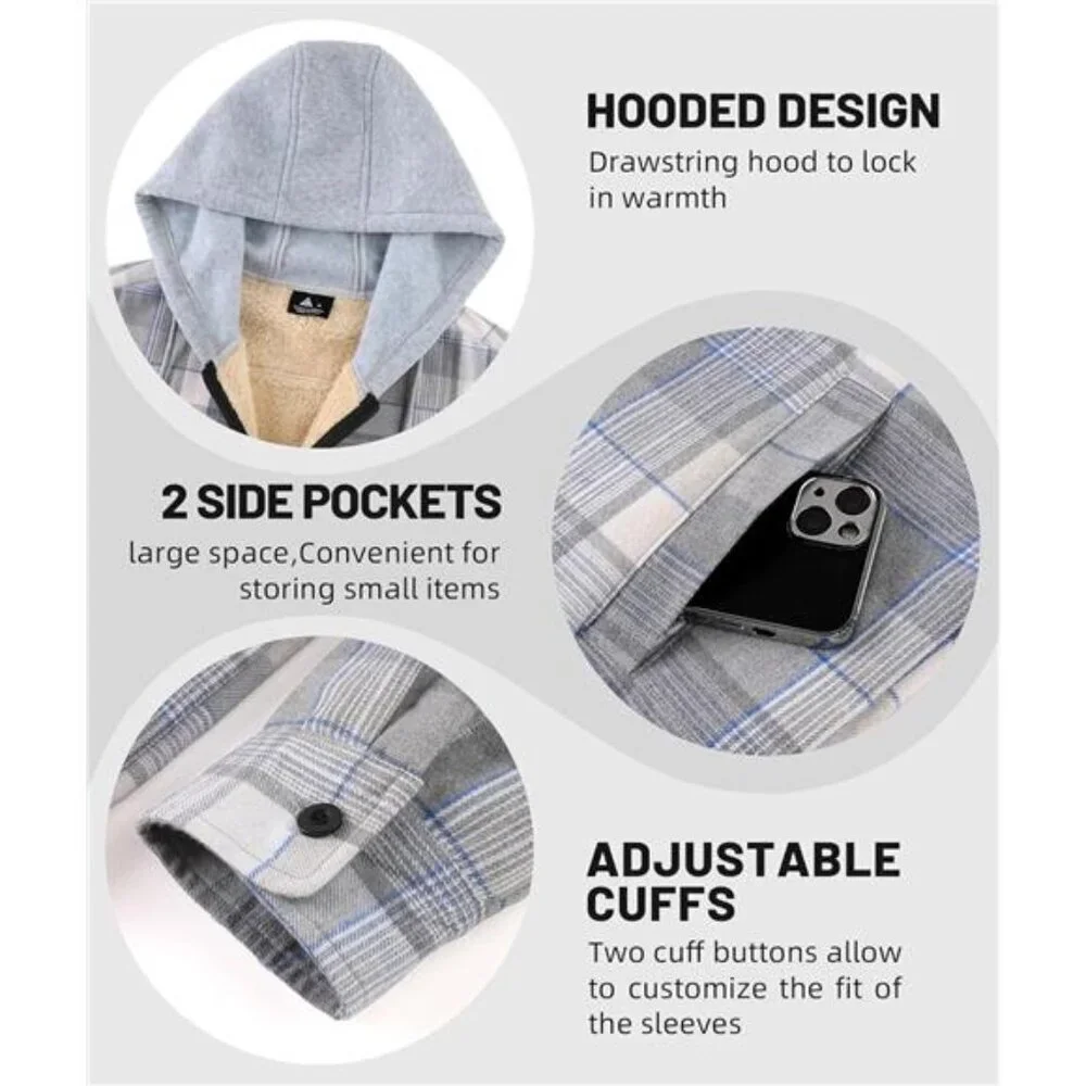 Flannel Plaid Jacket Long Sleeve Fleece Sherpa Lined Winter Jacket Warm Grey - Picture 3 of 7
